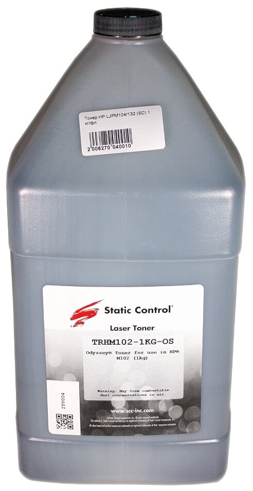 Тонер Static Control TRHM102-1KG-OS бутыль 1 кг, черный