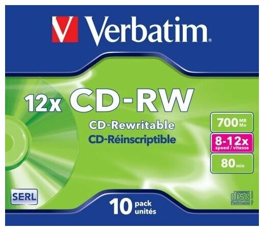 Диск CD-RW Verbatim 43148 700МБ, 80 мин, 8-12x, 10 шт, Jewel Case, DL+