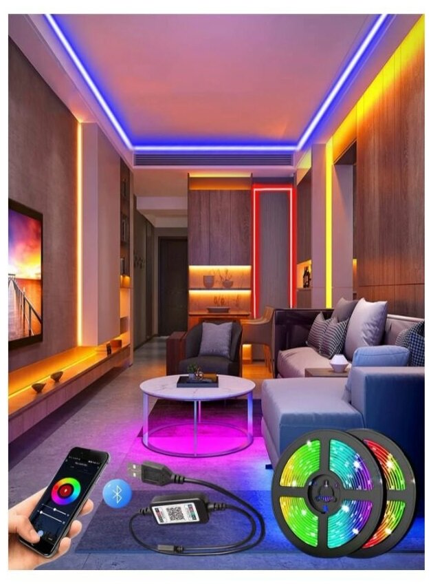 Светодиодная лента с пультом цветная, 5 метров, Bluetooth управление телефоном, RGB LED SMD 5050 - фотография № 4