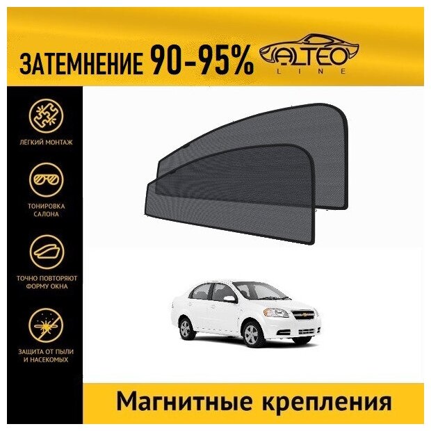 Каркасные автошторки ALTEO PREMIUM на Chevrolet Aveo (T250) (2005-2011) седан на передние двери на магнитах с затемнением 90-95%