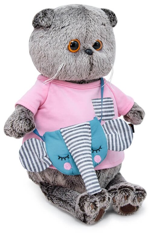 Мягкая игрушка Basic&Co Басик в футболке и с сумочкой - слоник, 22 см, серый/розовый