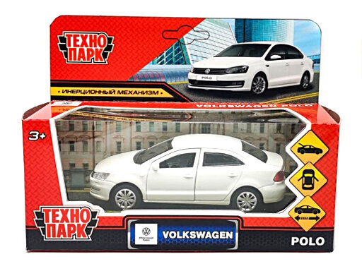 358636 Машина металл VOLKSWAGEN POLO длина 12 см, двери, багаж, инерц, белый , кор. Технопарк в кор.