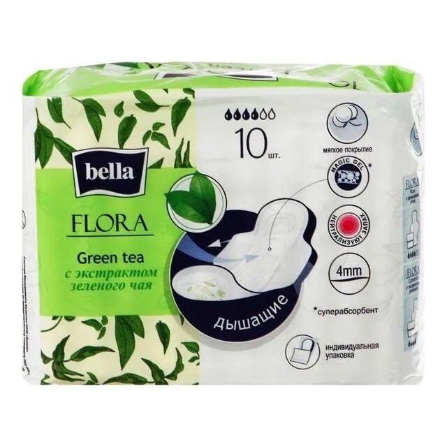 Прокладки гигиенические BELLA "Flora", Green tea, с экстрактом зеленого чая, 10 шт