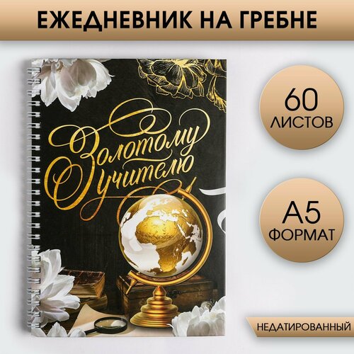 Ежедневник на гребне «Золотому учителю», формат А5, 60 листов, твердая обложка ежедневник на гребне а5 лучшему учителю 60 листов artfox