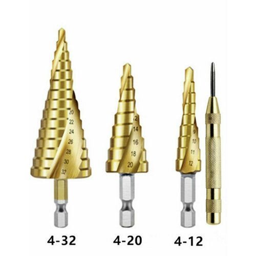Ступенчатые сверла по металлу с титановым покрытием с кернером, 3шт (4-12м, 4-20м, 4-32мм) набор спиральных сверл