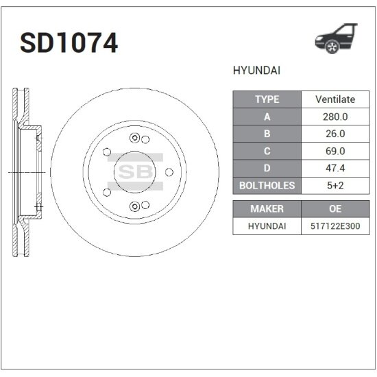 Диск тормозной передний Sangsin Brake для Kia Cerato 08- / Soul 08- / Ceed, SD1074, 1 шт