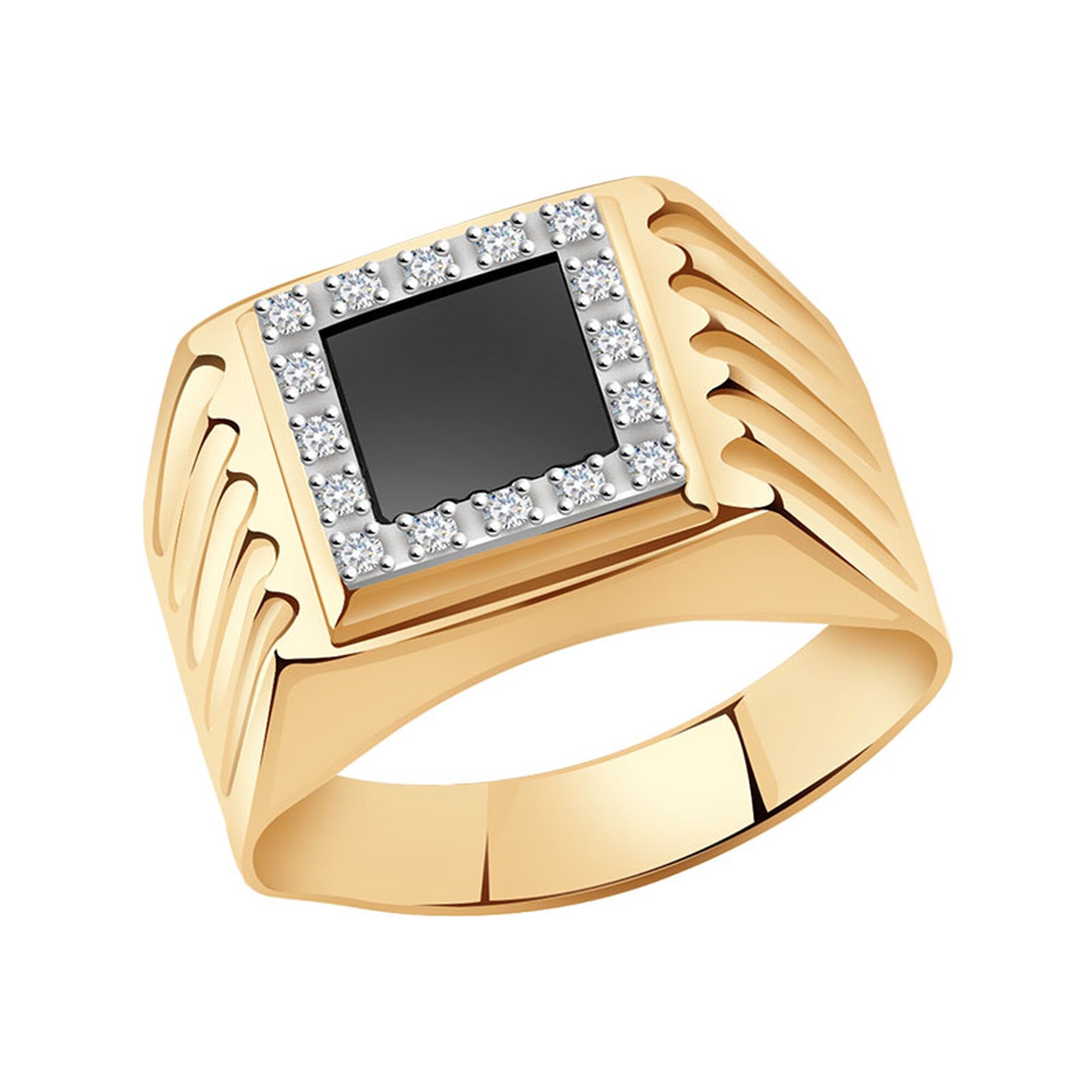 Печатка Diamant online, красное золото, 585 проба, циркон, эмаль, размер 21, прозрачный/черный