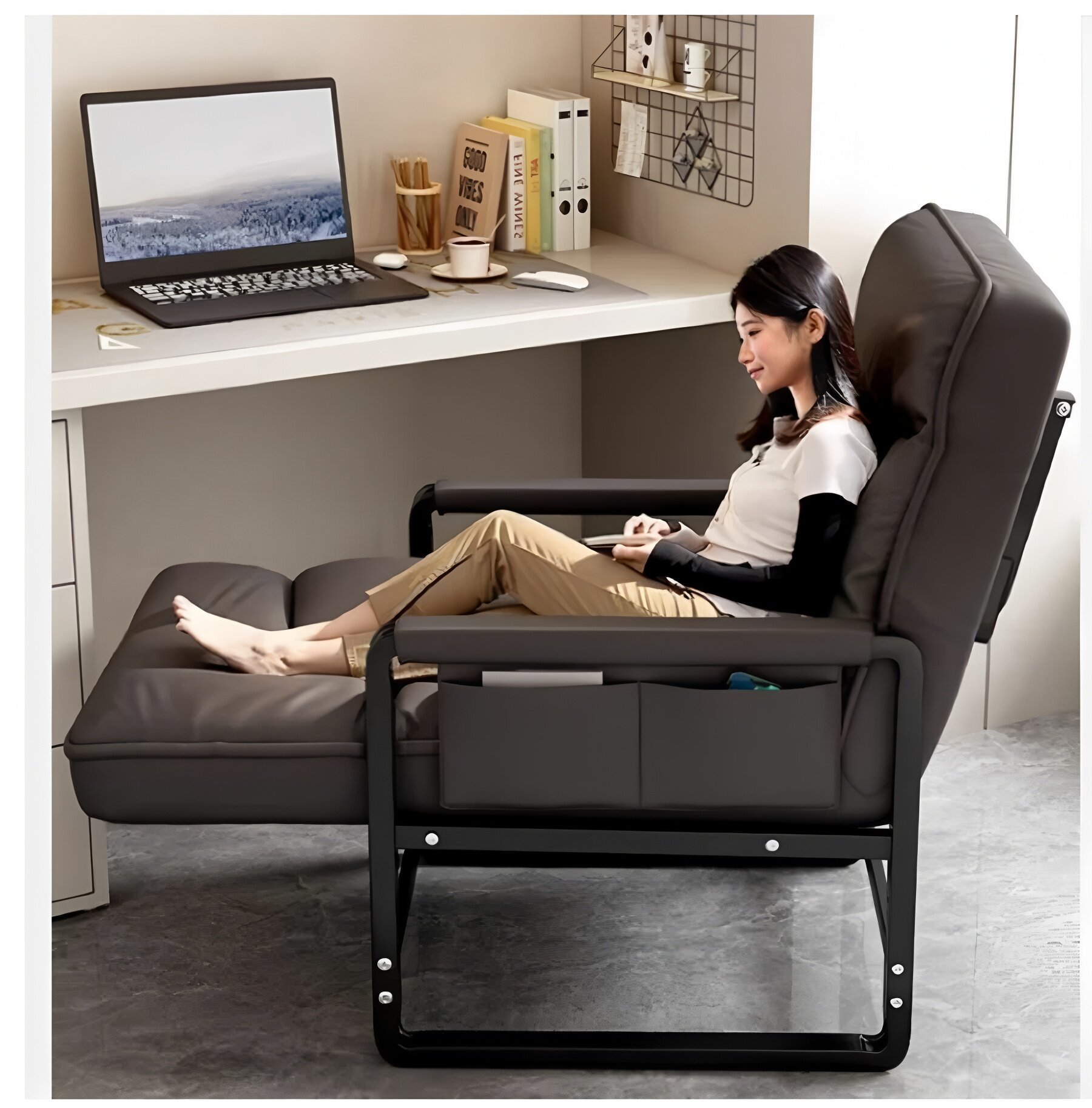 Кресло D712, эргономичное, экокожа, с поясничной подушкой, серое/белое