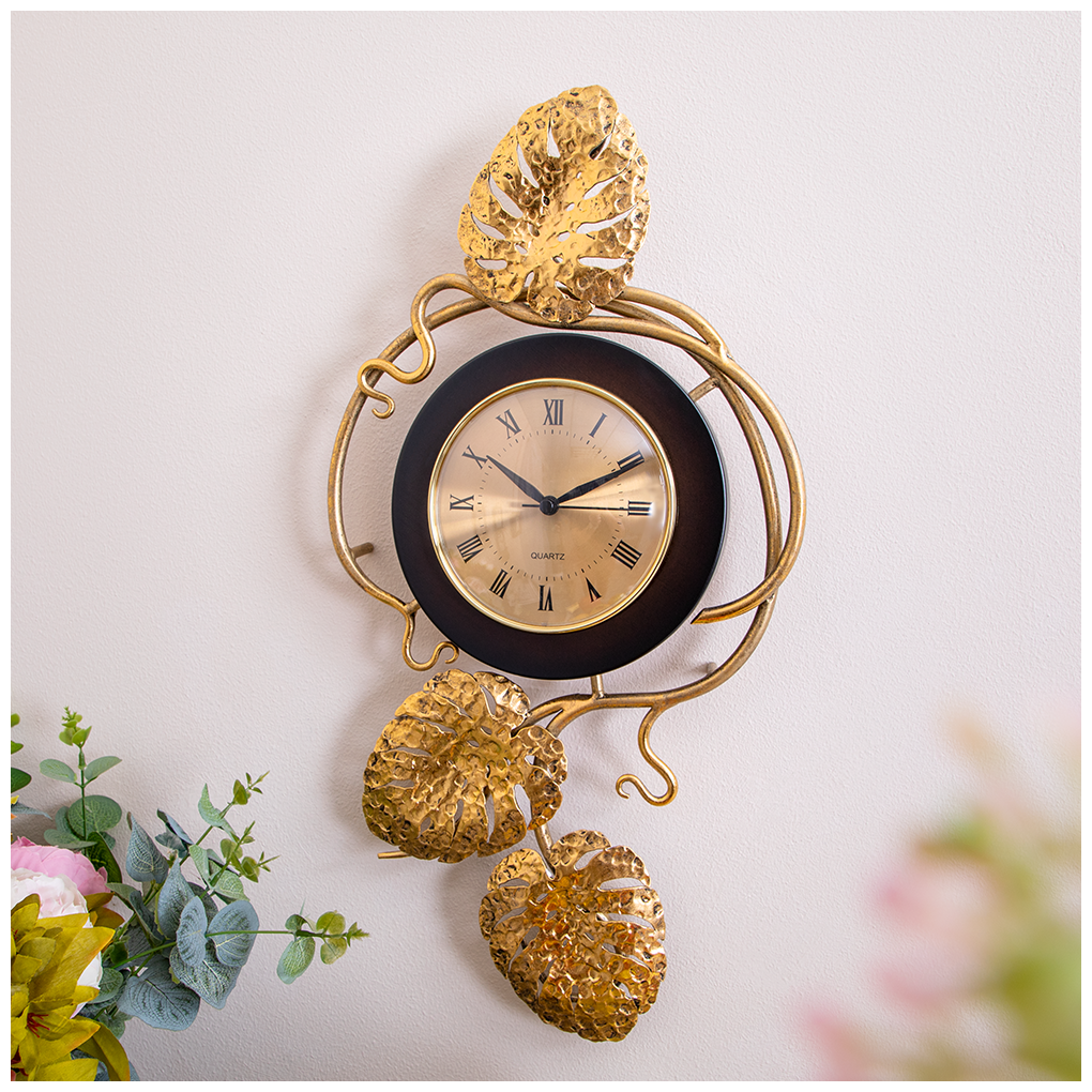 Часы настенные Bogacho Monstera Deliciosa mini коричневые с ковкой бронзового цвета