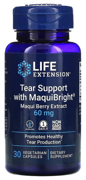 Life Extension Tear Support with MaquiBright (Средство против слезотечения с MaquiBright экстрактом ягод маки) 60 мг 30 вег капсул, срок годности 09/2024