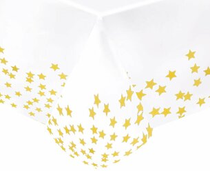 Скатерть праздничная одноразовая фольгированная Riota Золотые звезды, белая, 137х183 см
