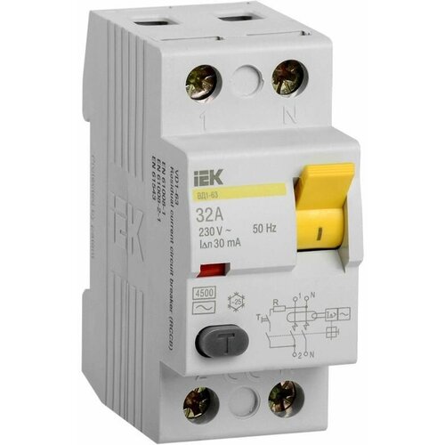 Выключатель дифференциального тока (УЗО) 2п 32А 30мА тип AC ВД1-63 IEK MDV10-2-032-030 выключатель дифференциального тока вдт узо iek mdv10 2 032 030 2п 32a 30мa вд1 63 ac
