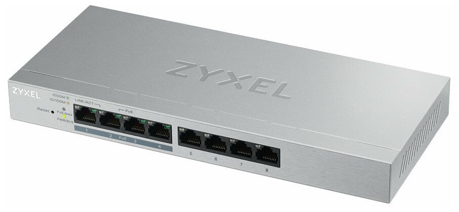 ZYXEL GS1200-8HPV2-EU0101F Коммутатор 8xGE 4xPoE+ , настольный, бесшумный без вентилятора , с поддержкой VLAN, IGMP, QoS и Link Aggregation, бюджет PoE 60 Вт