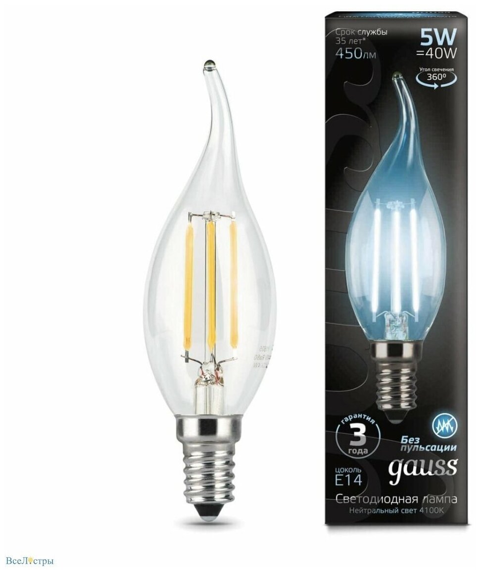 GAUSS 104801205 Светодиодная лампа LED Filament Свеча на ветру E14 5W 450lm 4100K 1 10 50