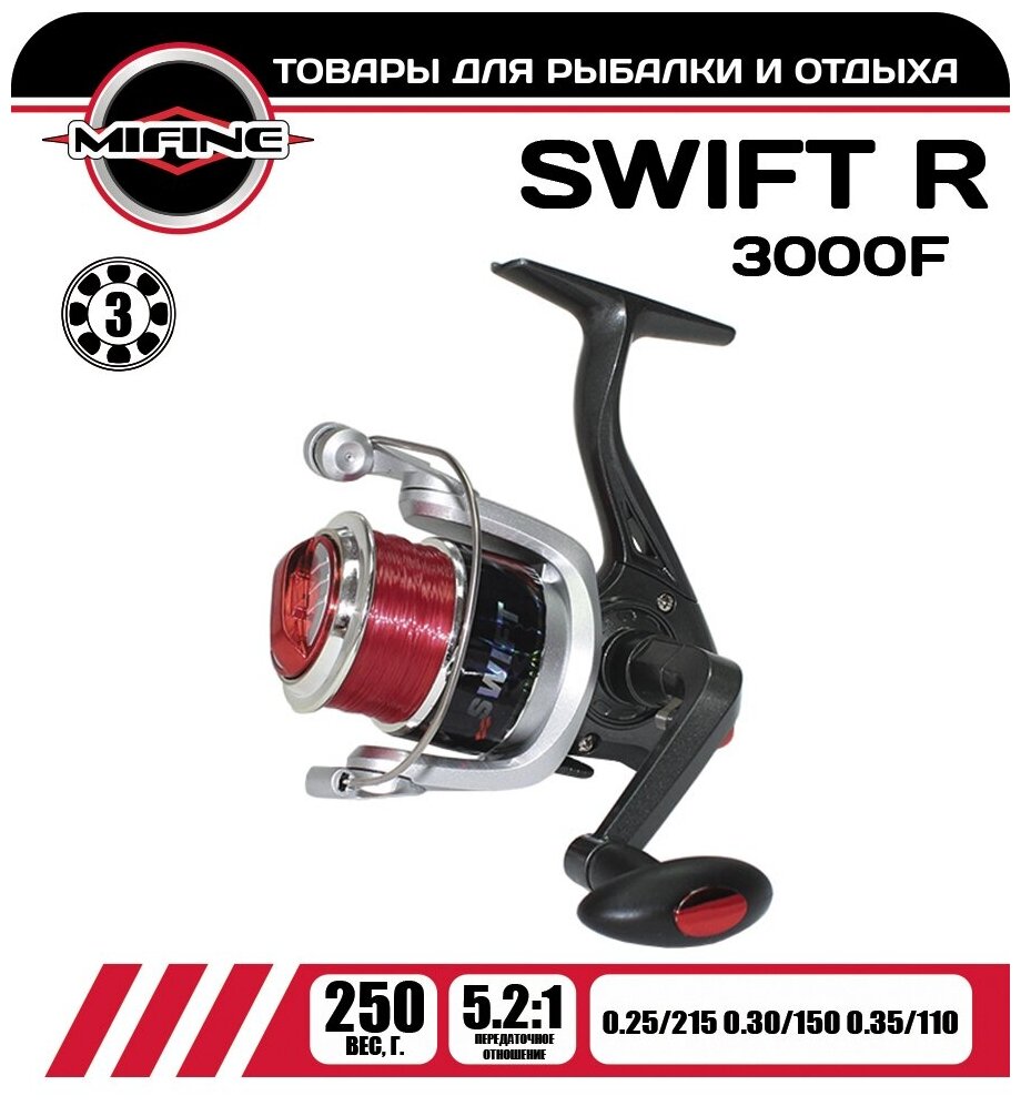 Катушка рыболовная MIFINE SWIFT R 3000F-3B красного цвета шпуля с леской для спиннинга  фидерная