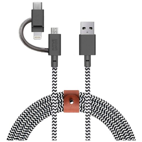 Кабель Native Union Belt Universal USB - USB Type-C/Micro-USB/Lightning MFI, 2 м, zebra кабель для apple usb c lightning mfi native union belt cable 1 2м серый