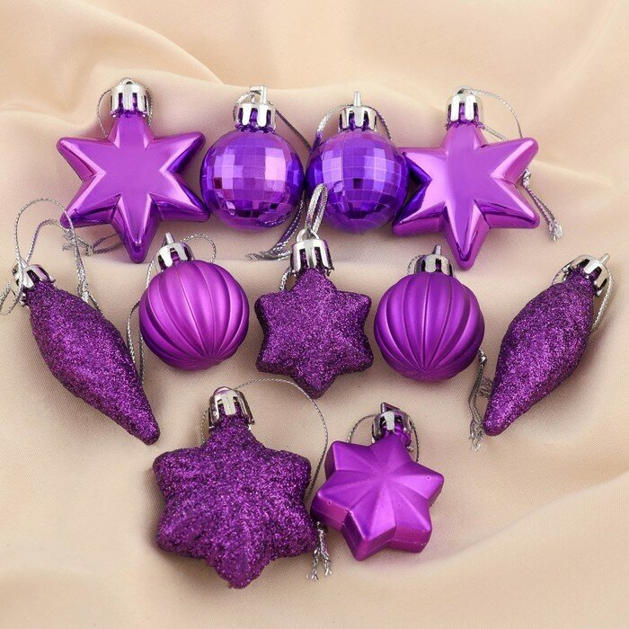 Зимнее волшебство Набор украшений пластик 12 шт "Талла" (6 звёзд, 4 шара, 2 сосульки) фиолетовый