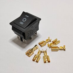 Выключатель клавишный С нейтралью 250В, 15А (6с) ON-OFF-ON черный, с фиксацией (комплект с клеммами и термоусадкой)