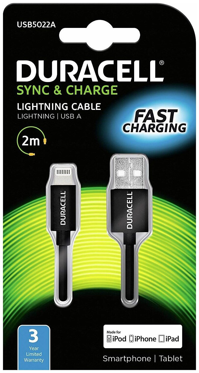 Кабель Duracell lightning MFI, 2м, TPU, Fast charging, черный, (USB5022A-RU)