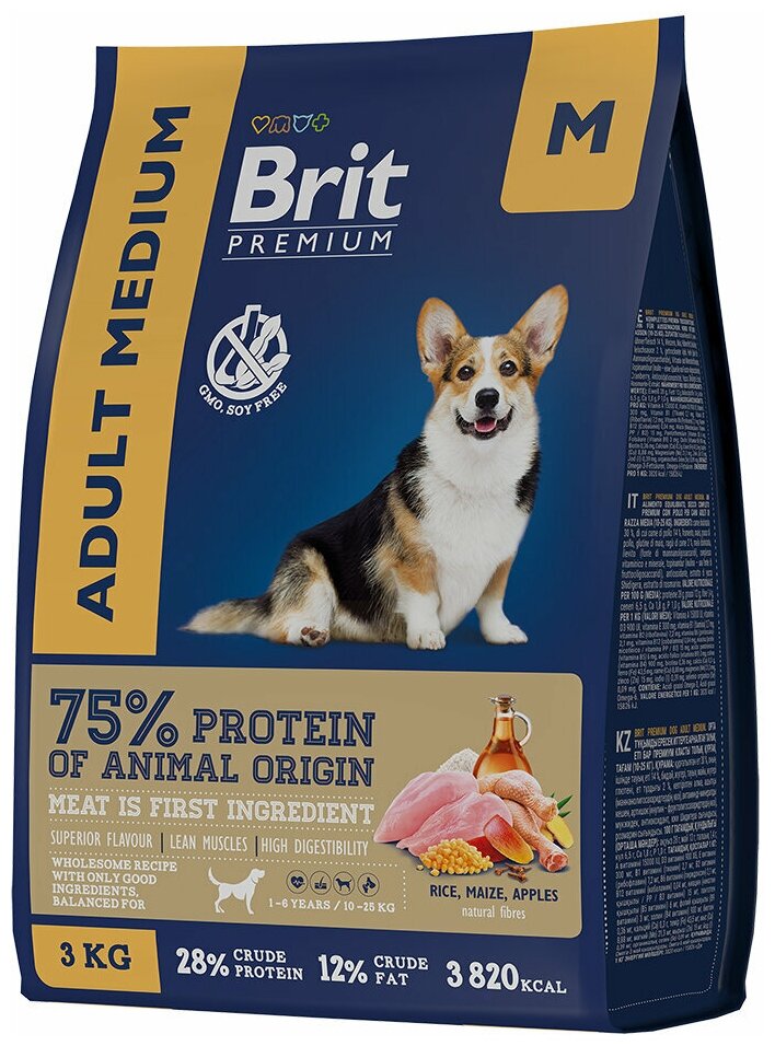 Brit Premium Dog Adult Medium с курицей для взрослых собак средних пород, 3кг, 1шт