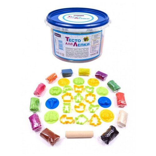 Набор теста для лепки 12 цветов по 70гр +21 формочка, скалка в ведре П109