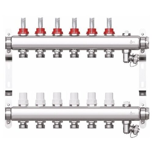 Коллектор нержавейка STI ТТ000013669 1x3/4 на 6 выходов с расходомерами, клапана маевского, сливные краны, кронштейны