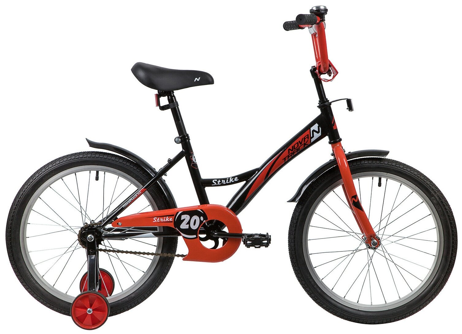 Велосипед NOVATRACK 20" STRIKE черный-красный, тормоз нож, крылья корот, защита А-тип