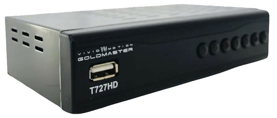 Цифровой ТВ ресивер GoldMaster T-727HD (DVB-T2(антенна), DVB-C(кабельное)/IPTV/YouTube), металлический корпус, дисплей, 2хUSB, поддержка WiFi адаптера