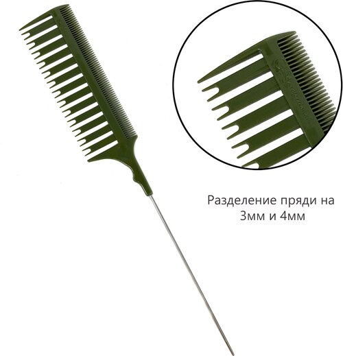 Gera Professional / Расческа Революция R-1 для мелирования волос с мет. хвостиком - разделение 4 и 3 мм, цвет зеленый