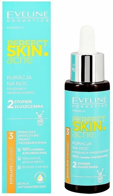 Сыворотка для лица EVELINE PERFECT SKIN ACNE ночная с 10% комплексом кислот 30 мл