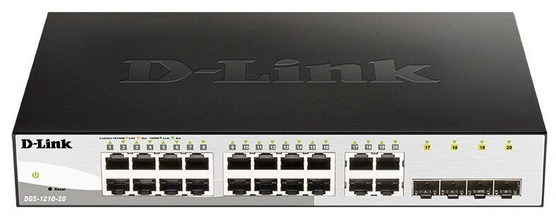 Коммутатор D-Link DGS-1210-20/F2A, L2 Smart Switch with 16 10/100/1000Base-T ports and 4 1000Base-T/SFP combo-ports.8K Mac address, 802.3x Flow Control, 256 of 802.1Q VLAN, VID range 1-4094, 4 IP Interface, 80