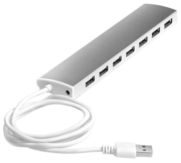 USB Hub 2.0 на 7 портов, 0.6m, Plug &Play, LED, silver + разъем для доп питания