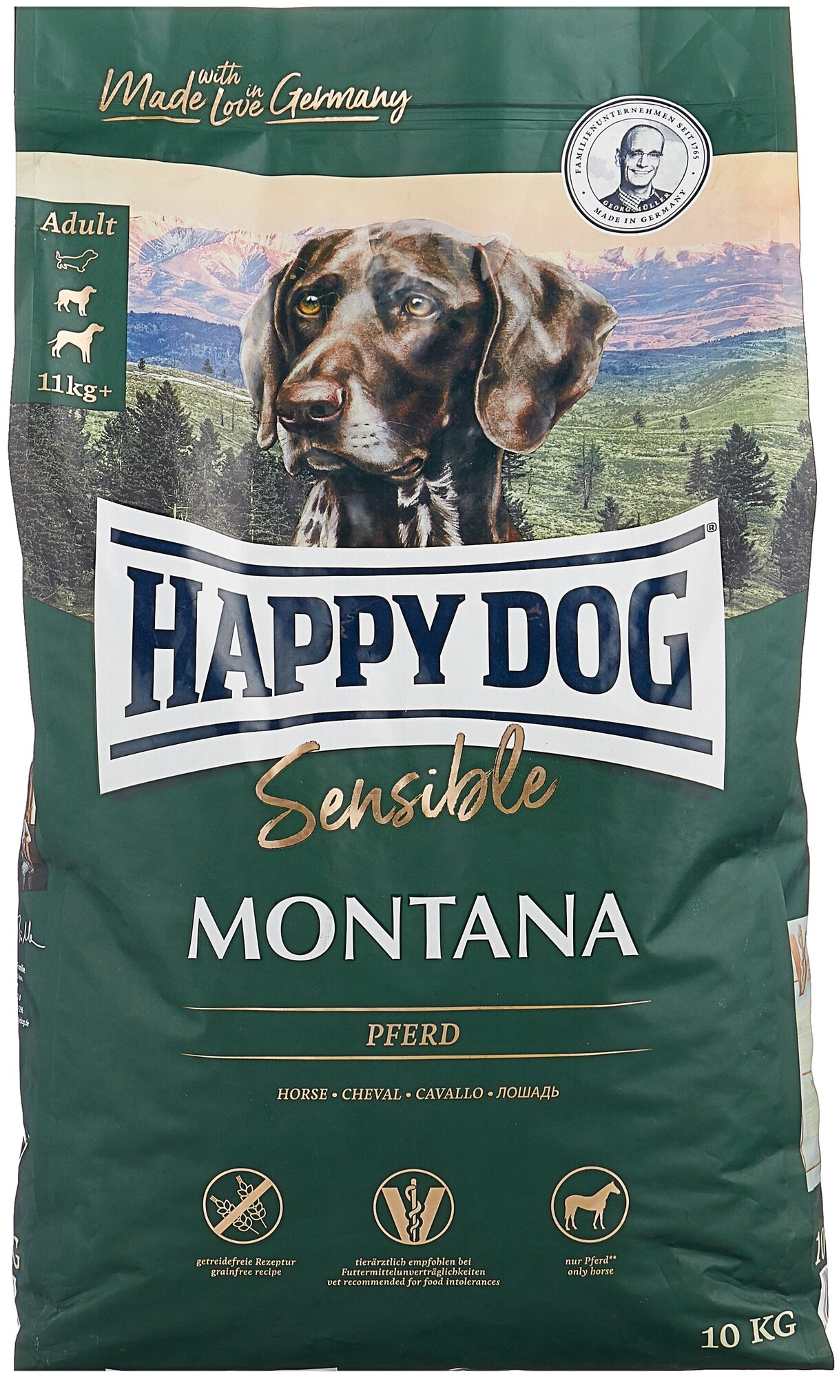 Корм Happy Dog Supreme Montana Монтана для собак средних и крупных пород с кониной 10 кг