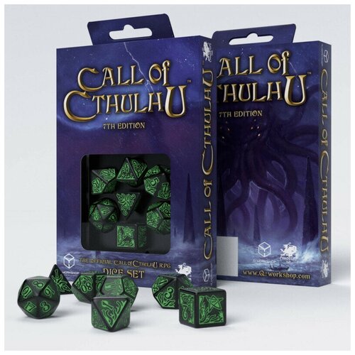 Набор кубиков для настольных ролевых игр (Dungeons and Dragons, DnD, D&D, Pathfinder) - Call of Cthulhu 7th Edition Black & green Dice Set