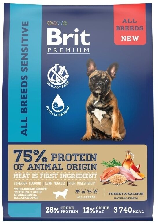 Корм Brit Premium Dog Sensitive для всех собак для чувствительного пищеварения с индейкой и лосось 8 кг - фотография № 1