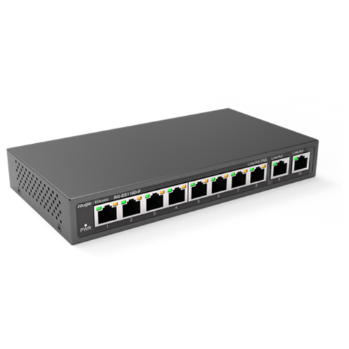 Коммутатор Ruijie Reyee 8-Port 100Mbps + 2 Uplink Port 1000Mbps, 8 of the ports support PoE/PoE+ power supply. Max PoE power budget is 110W