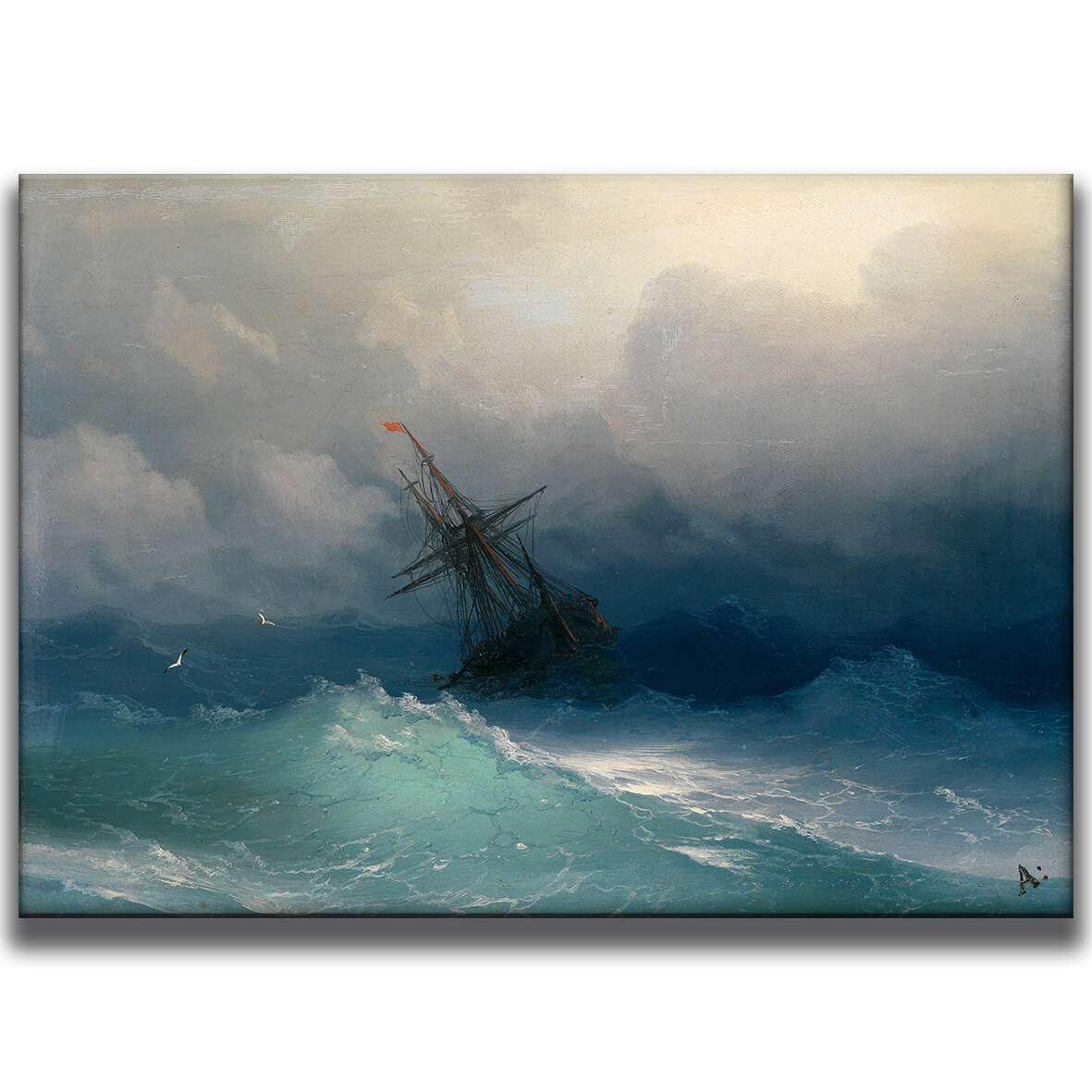 Картина для интерьера на холсте Ивана Айвазовского «Корабль в буйном море» 30х42, холст натянут на подрамник
