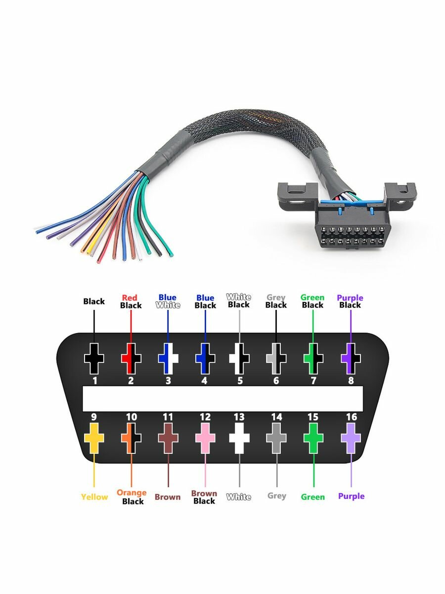 Разъем OBD-2 мама 16 pin с проводами 30см