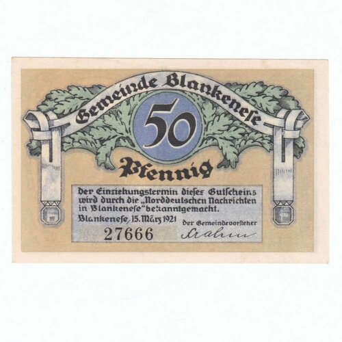 Германия (Веймарская Республика) Бланкенезе 50 пфеннигов 1921 г. германия веймарская республика вальтерсхаузен 50 пфеннигов 1921 г