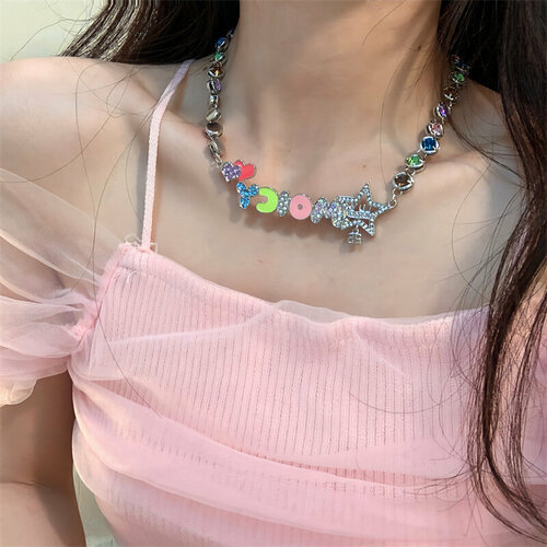 Колье Цепочка - ожерелье колье с разноцветными камнями, длина 21 см, розовый, синий