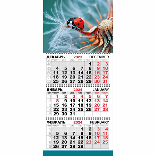 Календарь настенный 3-х блочный Трио Стандарт, 2024, 295х710, Божья коровка календарь настенный 3 х блочный 2024 прем трио орхидея офс 340х840 1224009