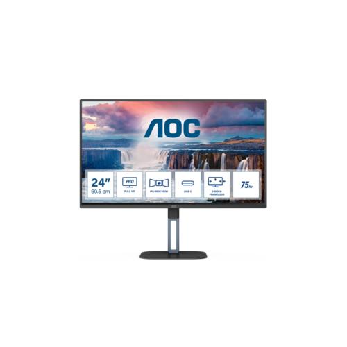Монитор AOC 24V5CE LCD 238 169 1920х1080FHD IPS nonGLARE Нет 75 Гц 300cdm2 H178V178 10001 20M1 167 миллионов цветов 4ms VGA HDMI DP USB-Hub Height adj Tilt Swivel Speakers Curved 2Y Black 17137₽