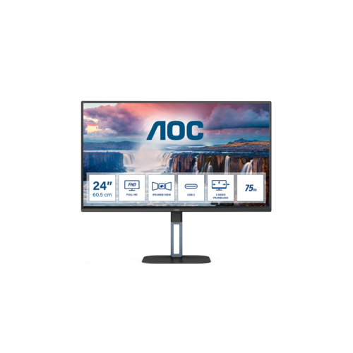 Монитор AOC 24V5CE LCD 23.8' [16:9] 1920х1080(FHD) IPS, nonGLARE, Нет, 75 Гц, 300cd/m2, H178°/V178°, 1000:1, 20M:1, 16,7 миллионов цветов, 4ms, VGA, HDMI, DP, USB-Hub, Height adj, Tilt, Swivel, Speakers, Curved, 2Y, Black