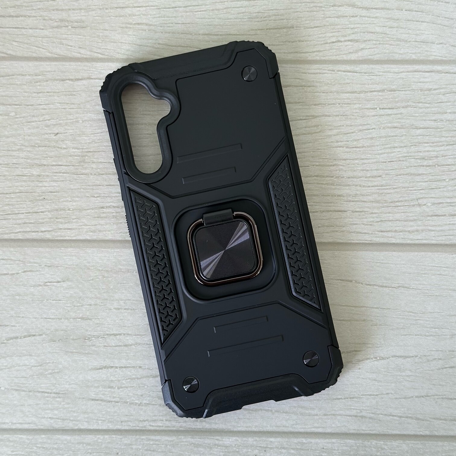 Противоударный чехол для Samsung Galaxy A34 черный с пластиной для магнитного автодержателя и кольцом подставкой — фото 1