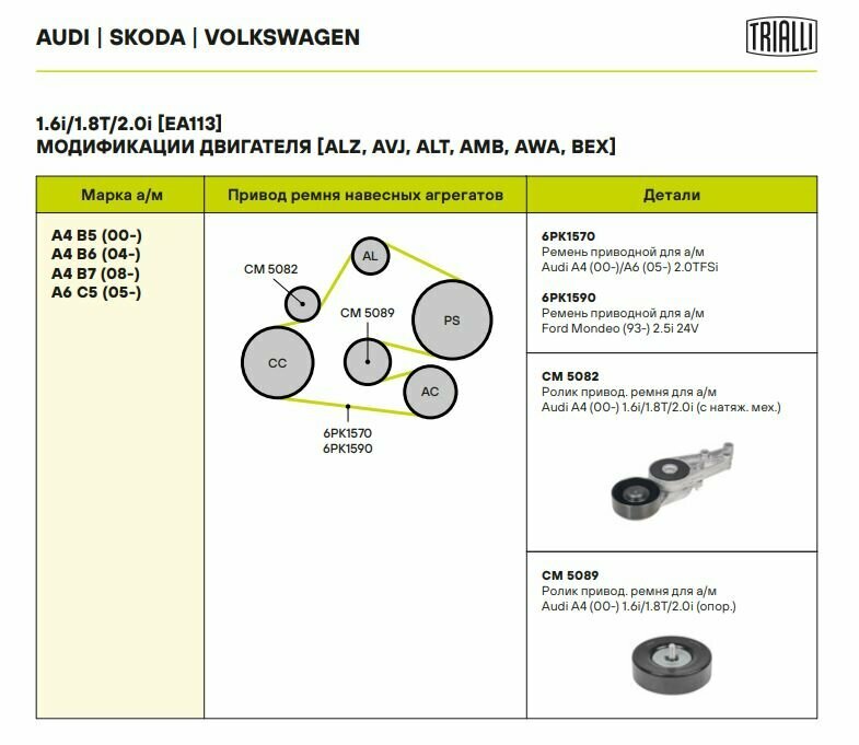 Ролик привод. ремня для автомобилей Audi A4 (00-) 1.6i/1.8i/2.0i (с натяж. мех.) (CM 5082) TRIALLI - фото №6