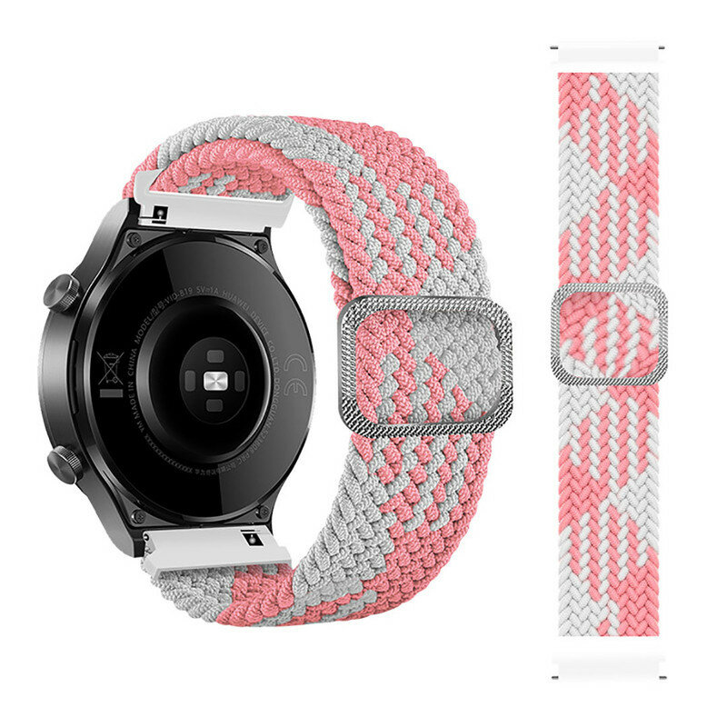 Ремешок плетеный нейлоновый для смарт-часов с креплением 20 мм Garmin, Samsung Galaxy Watch, Huawei Watch, Honor, Xiaomi Amazfit, 12 бело-розовый