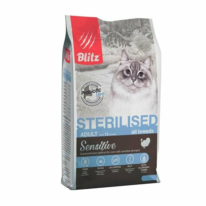 Корм сухой BLITZ Sensitive Turkey Adult Cats Sterilised 0,4 кг для стерилизованных кошек (индейка) полнорационный