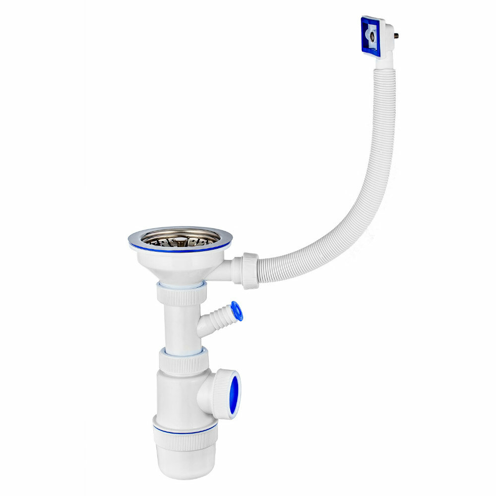 фото Сифон Элит 1 1/2 х 40 мм, нерж. чашка D114 мм, отводом и с прямоугольным переливом L300 мм WIRQUIN