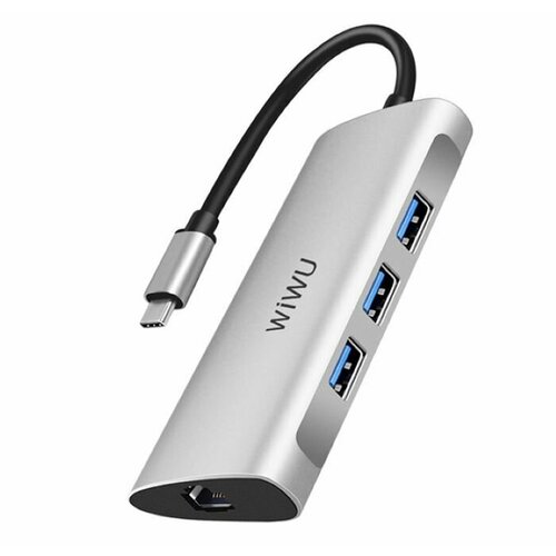 Хаб WiWU Alpha 631STR Type-C to 3 x USB 3.0 + RJ45 + Cardreader 6 in 1 Adapter Silver хаб wiwu alpha 12 in 1 type c to 3 x usb 3 0 3 x usb 2 0 hdmi rj45 sd tf 3 5mm audio pd type c charging grey