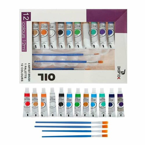 Краски масляные 12 цветов в пластиковой тубе 12 мл в картонной коробке 4 кисти палитра 1436₽